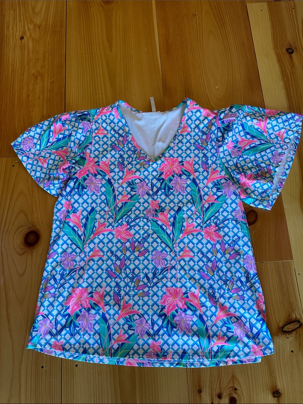 Lulu-B Blue Floral V-Neck Short Sleeve Tunic